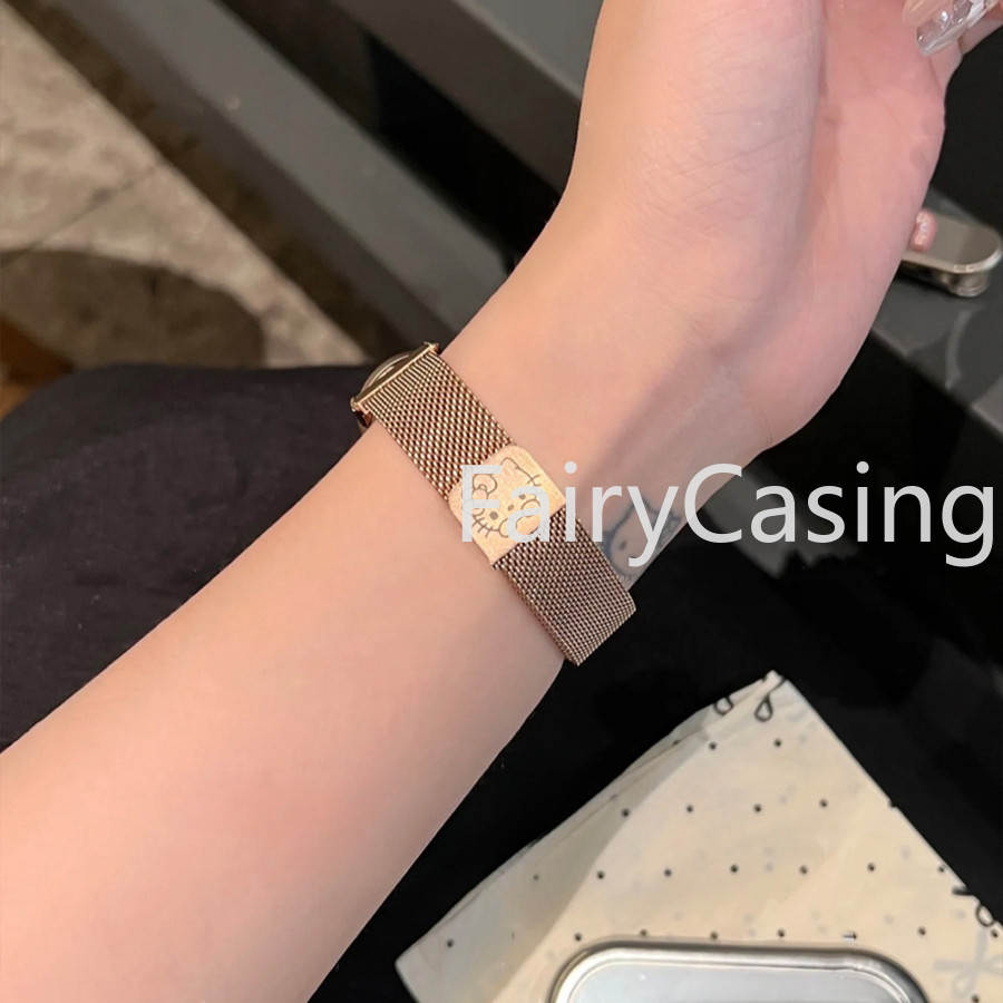 Khắc In Dây Đeo Cho Xiaomi Mi Band 10 8 9 7 6 5 4 3 Vòng Tay Nữ Bé Gái Thời Trang Lưới Kim Loại Đồng Hồ Phụ Kiện Thay Thế Miband 7 8