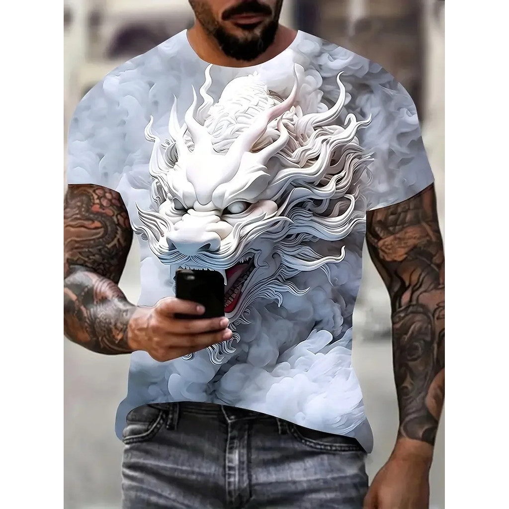 Áo thun cổ chữ O ngắn tay in hình rồng 3D, phù hợp dạo phố