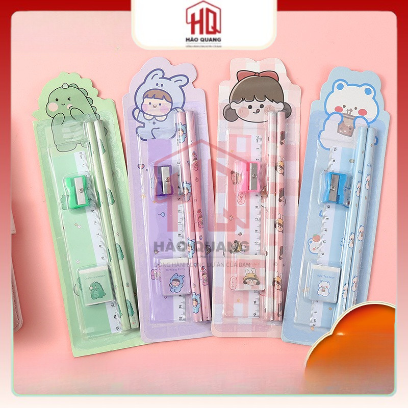 Set Dụng Cụ Học Tập Học Sinh 4 Món – Bút Chì, Thước, Gọt, Tẩy – Siêu Dễ Thương