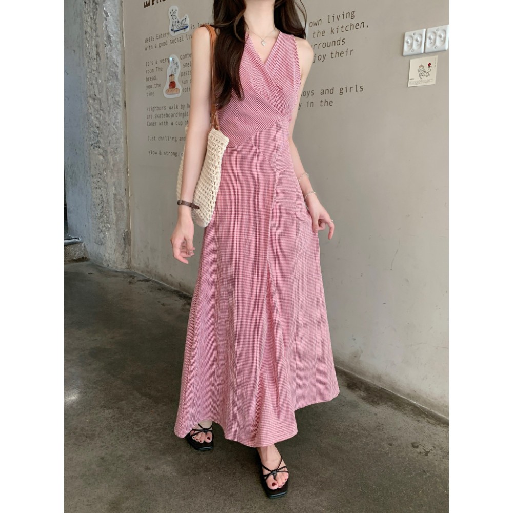 SUXI Mẫu váy dài kẻ sọc phong cách retro Pháp cổ chữ V dành cho mùa hè