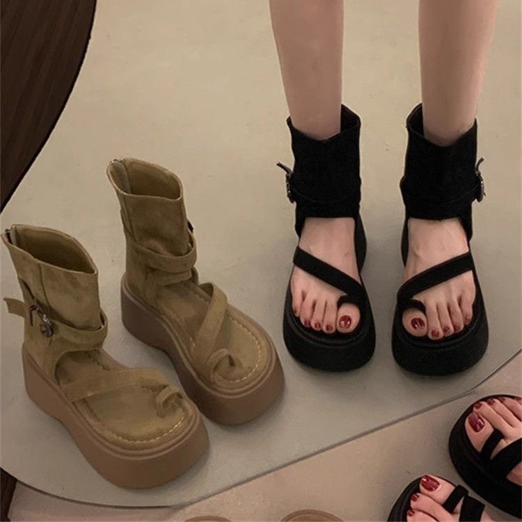 Giày Sandal La Mã Đế Dày Retro Mùa Hè Phong Cách Mới Thời Trang Cover-Toe Giày Sandal Cao Cấp Dây Kéo Ngắn Bo