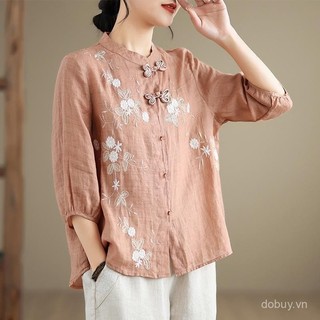 Áo sơ mi nữ style Trung Quốc, thêu tỉ mỉ, cổ Mandarin thời thượng