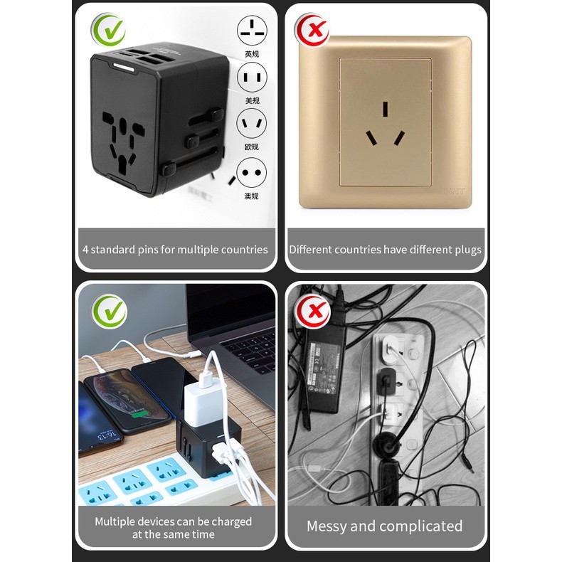 [Hàng có sẵn] Bộ chuyển đổi du lịch đa năng với 3 cổng USB Bộ chuyển đổi nguồn sạc nhanh Type C Phích cắm EU / UK / USA / AUS cho du lịch toàn cầu
