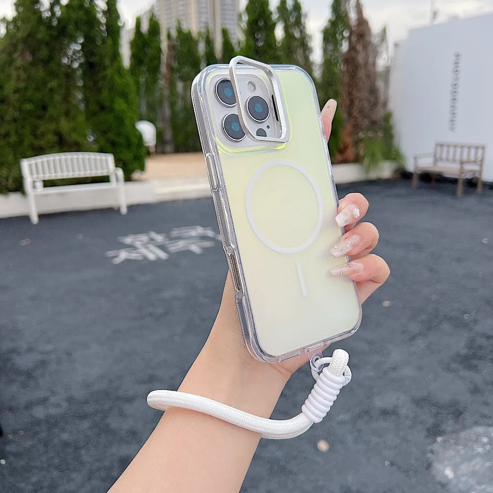 Từ Gradient Dây Đeo Cổ Tay Ốp Lưng Điện Thoại iPhone 17 16e 16 Pro Max 15 14 Plus 13 12 11 Dây Gấp Ống Kính Đứng