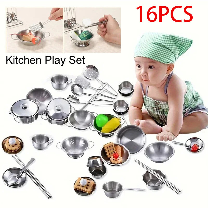 Bộ 16 món đồ chơi giả lập nấu ăn bằng inox mini cho trẻ em