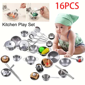 Bộ 16 món đồ chơi giả lập nấu ăn bằng inox mini cho trẻ em