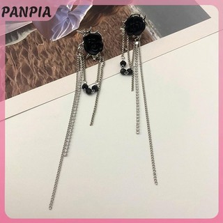 PANPIA-Trang Sức Thời Trang Retro Đen Kim Cương Giả Hoa Hồng Dài Tua Rua Bông Tai Nữ Trang Sức