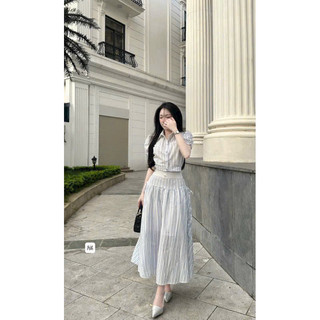 Set Váy Dài Kẻ Sọc Xanh Tiểu Thư Sang Chảnh
