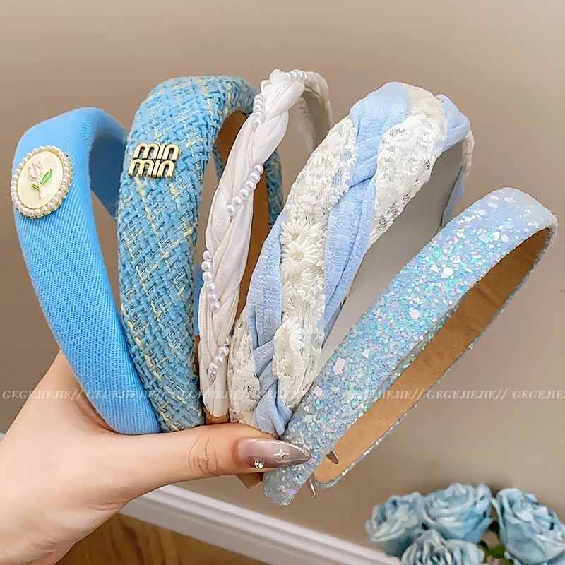 Băng Đô Cao Cấp Màu Xanh Dương Viền Rộng Rửa Mặt Sang Trọng Tất Cả Trận Đấu Bấm Tóc Nữ
