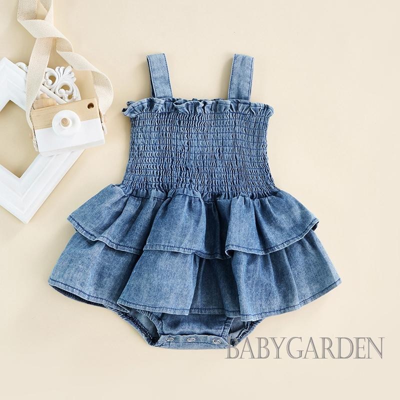 Baga-baby Girl Romper Không Tay Suspender Thiết Kế Xếp Ly Ruffle Hem Đáy Chụp Nút Áo liền quần Dễ Thương