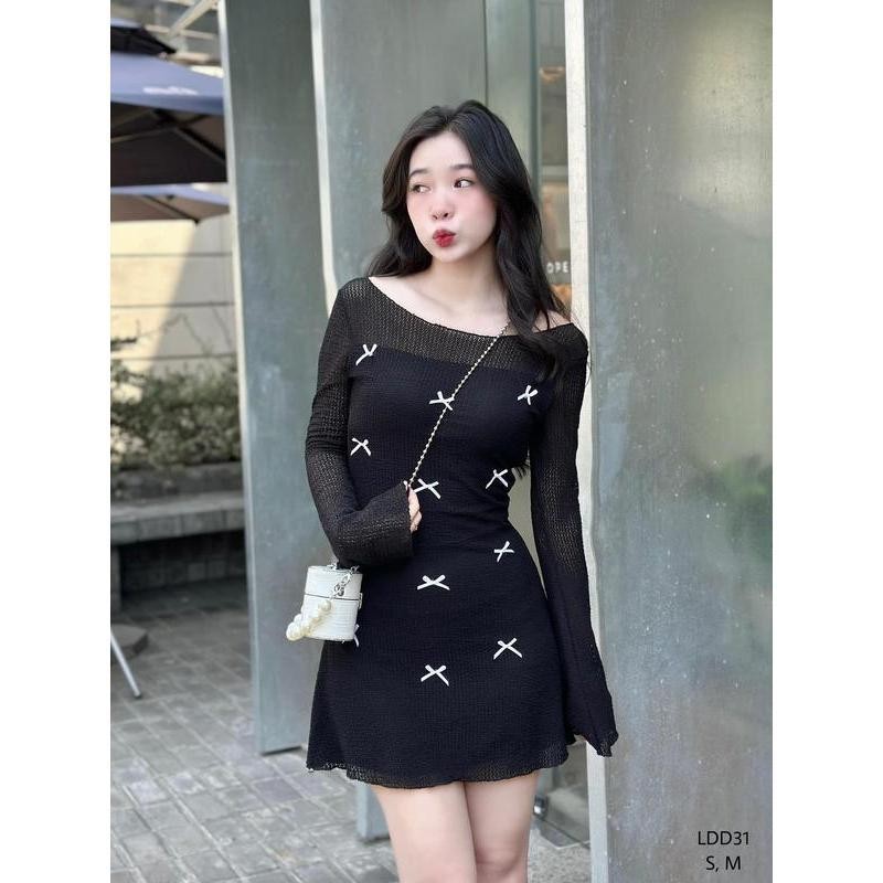 Đầm ren tay loe đính nơ LDD381 Nữ