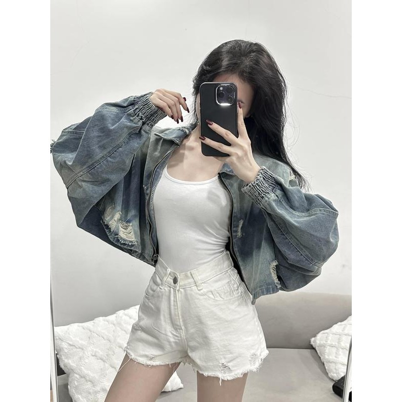 Áo khoác jean nữ croptop rách phong cách cá tính trẻ trung năng động mặc đi chơi đi học đi làm- AK015 Denim Jacket Women