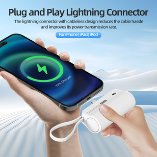 sạc dự phòng mini GOOJODOQ 2024, Pin dự phòng không dây di động có phích cắm Type-C và Lightning