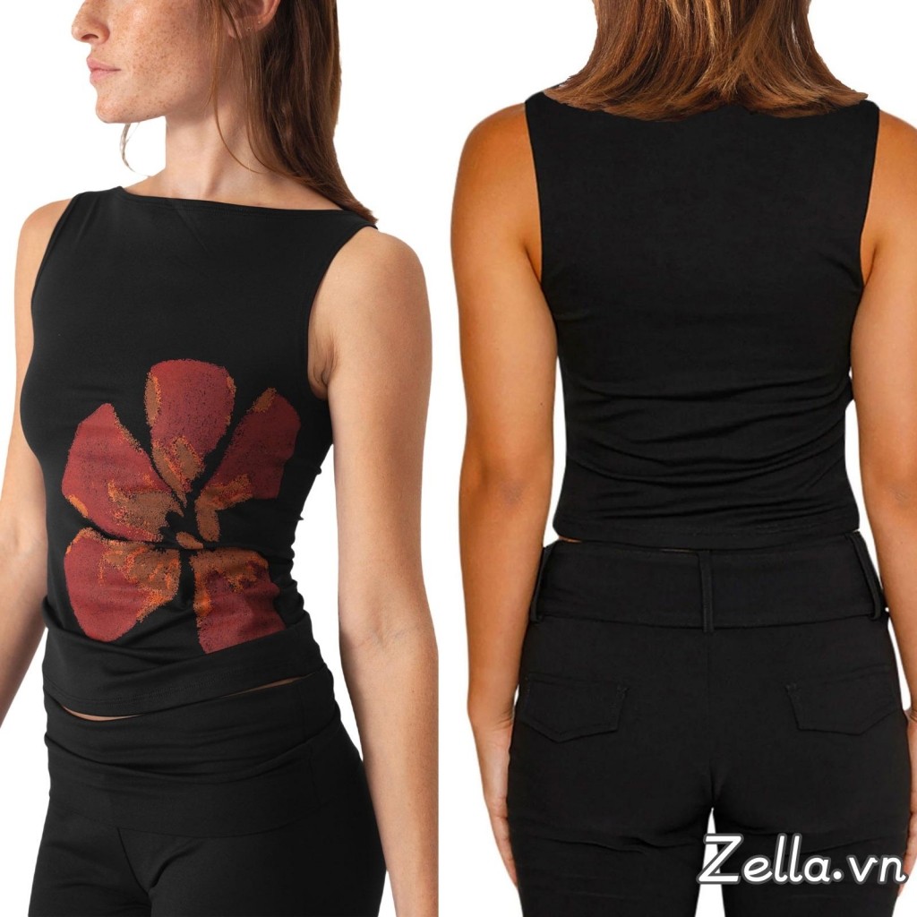 Áo Tank Nữ Trang Bị In Hoa Cổ Thuyền Không Tay Mùa Hè Crop Vest