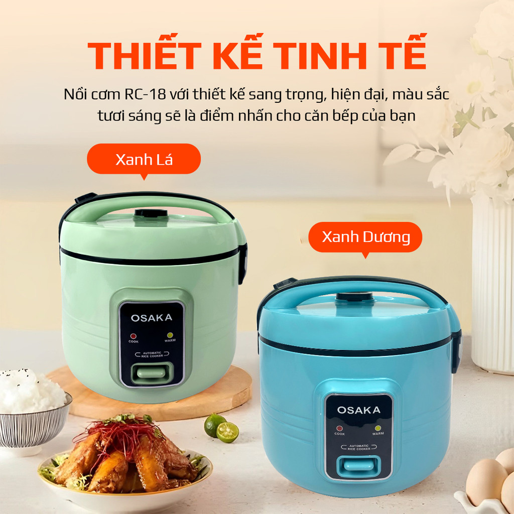 Nồi Cơm Điện OSAKA RC-18 Dung Tích 1.8L, Lòng Tráng Men Titanium Chống Dính, Kèm Xửng Hấp