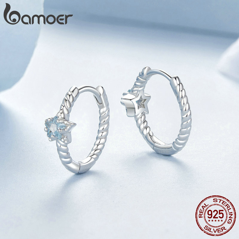 Bông tai bạc Bamoer 925 Sterling Thiết kế ngôi sao lấp lánh Quà tặng trang sức dành cho nữ.