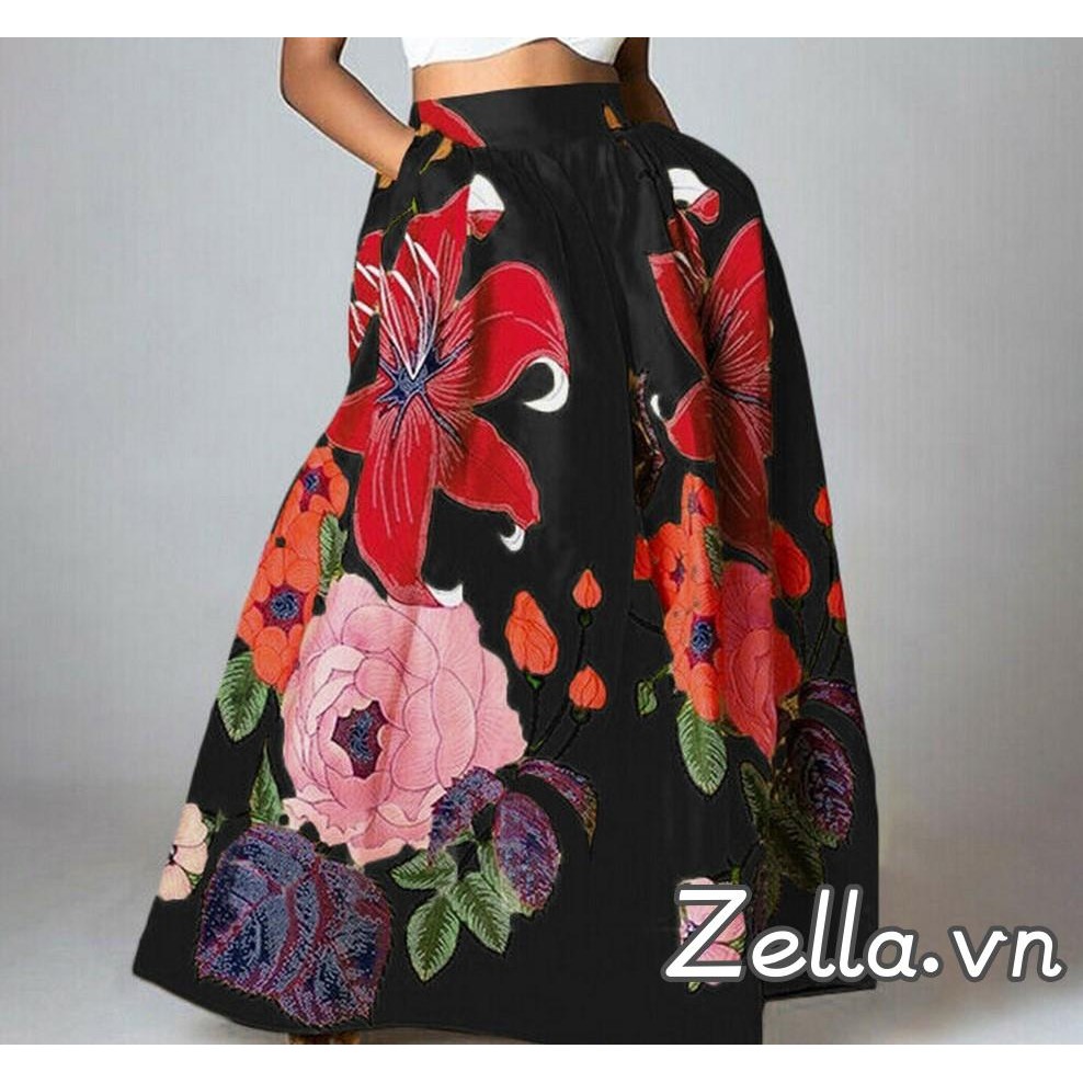 Váy dài nữ Bohemian in hoa túi dáng rộng vừa vặn eo co giãn Váy phồng