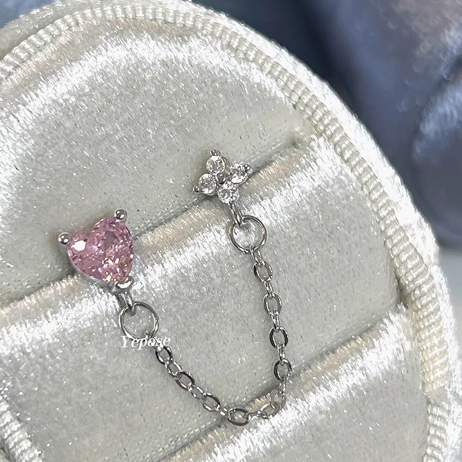 Đôi lỗ tai chuỗi xương tai màu hồng tình yêu Zircon đinh xương bằng thép Titan xoắn ốc thiết kế cảm giác bông tai thích hợp Bông tai