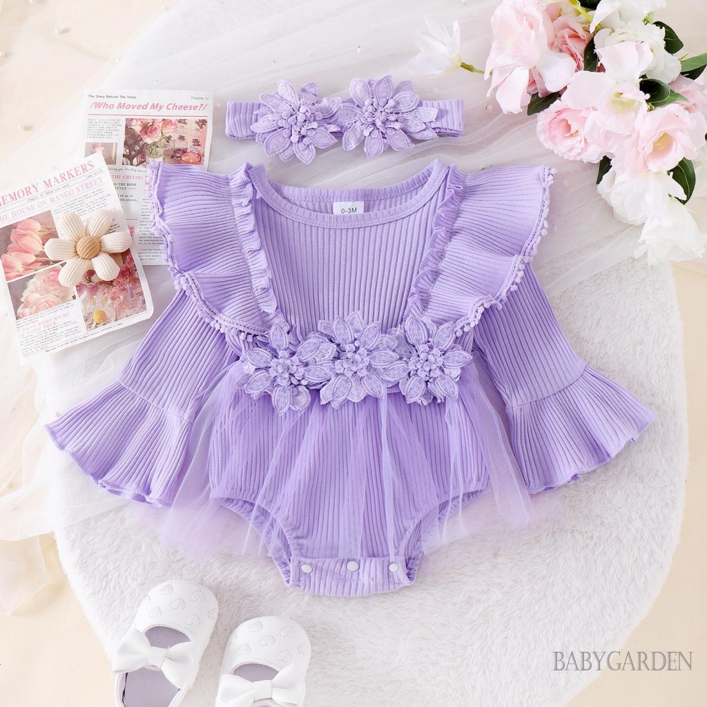 / / -Bộ Áo liền quần bé gái có băng đô 3D hoa dài tay vải tuyn viền quần áo mùa thu sơ sinh