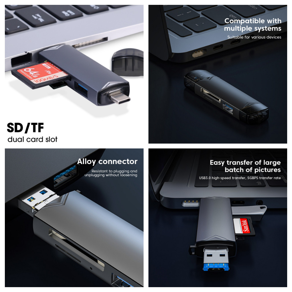 Đầu đọc thẻ đa năng USB 3.0 sang Type C 6 trong 1 Micro USB Bộ chuyển đổi Bộ chuyển đổi đa chức năng SD TF Truyền tốc độ cao