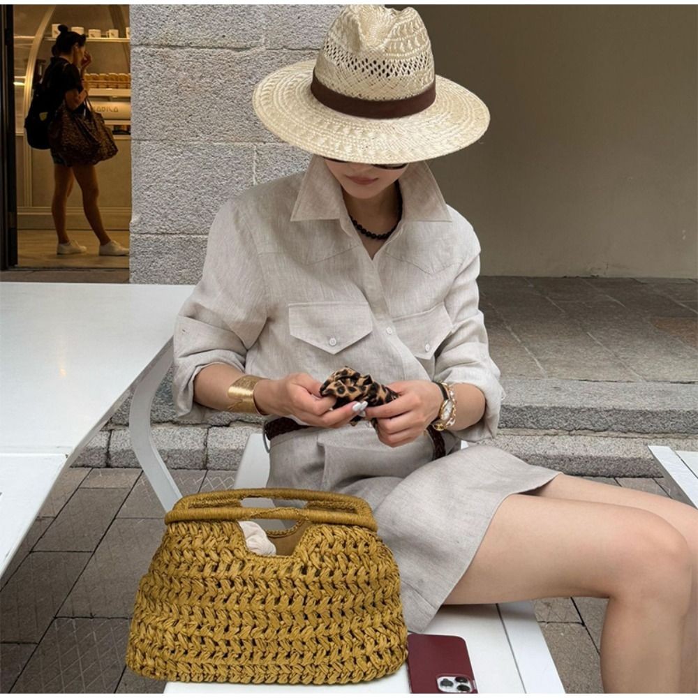 HOBBYIN Túi xách nữ HOBBYIN, Túi ly hợp dệt dung tích lớn họa tiết đơn giản, Túi xách đi biển bằng rơm sang trọng thời trang Ví du lịch