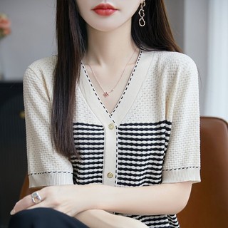 Mùa Hè 2025 Phong Cách Mới Dệt Kim Cardigan Mỏng Ngắn Tay Áo Thun Chui Đầu Bên Ngoài Mặc Bao Thịt Đơn Giản
