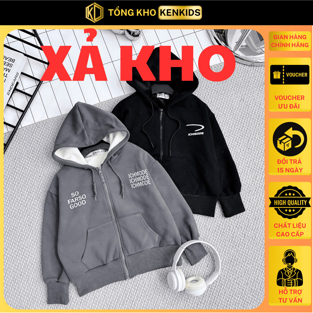 A 17-60kg. ÁO KHOÁC KÉO KHOÁ CÓ MŨ LÓT NHUNG LÔNG CỪU QCCC in chữ phiên bản dày ấm hơn, cho bé trai, bé gái, 2 màu  A