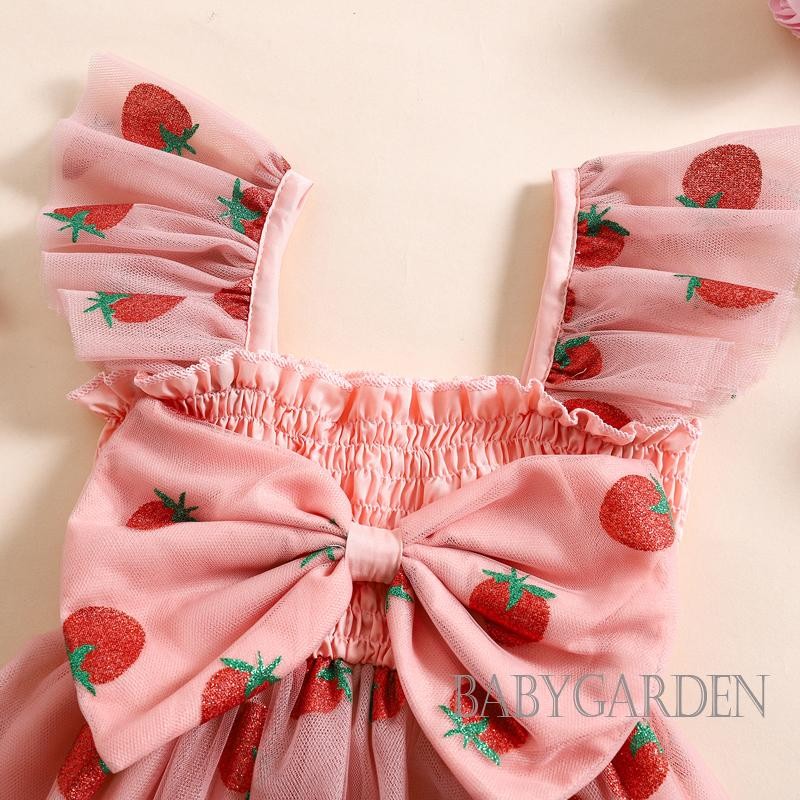/ / -Baby Girl Ruffle Tay Vuông Cổ Dâu In Hình Công Chúa Tulle