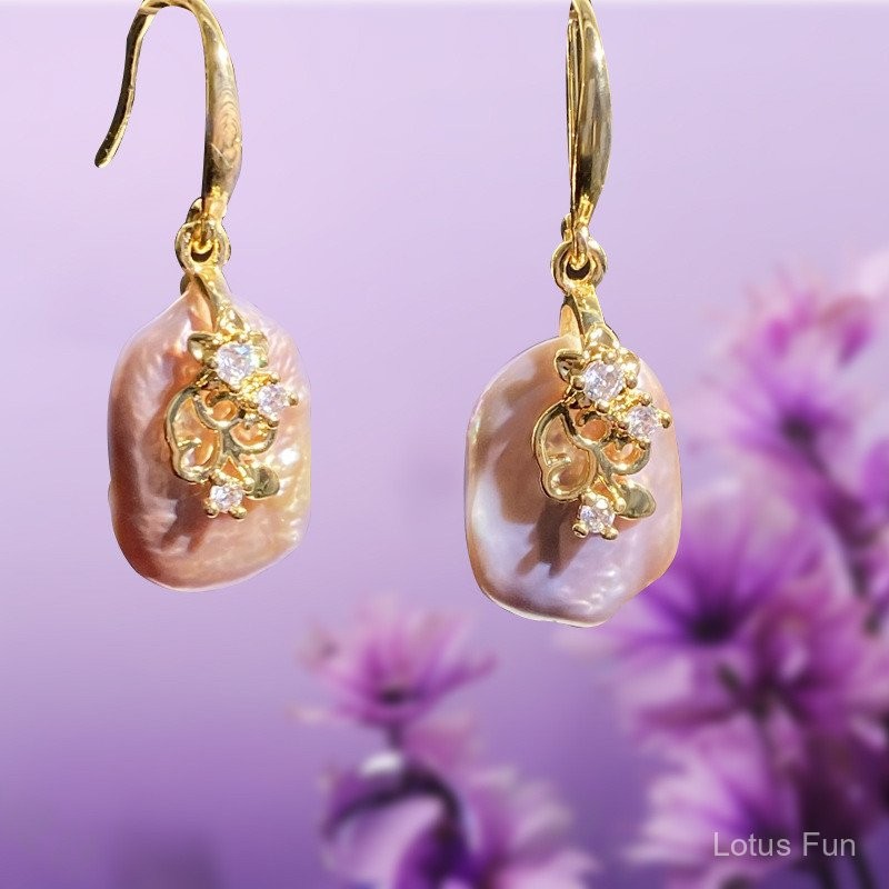 Bông tai hoa dát ngọc trai Baroque màu tím mạ bạc 18K vàng 925