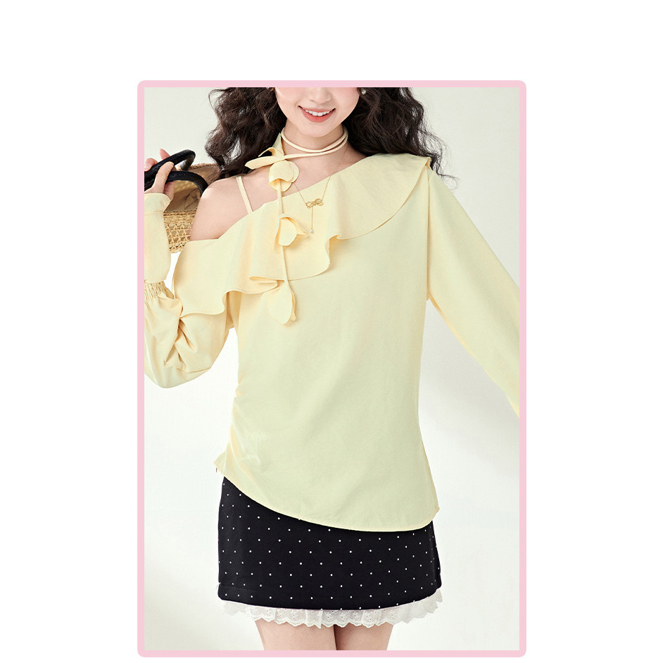 Mutu Phong Cách Pháp Off-the-Shoulder Dài Tay Áo Sơ Mi Trắng Nữ Mùa Xuân 2026 Phong Cách Mới Thiết Kế Niche Xù Top