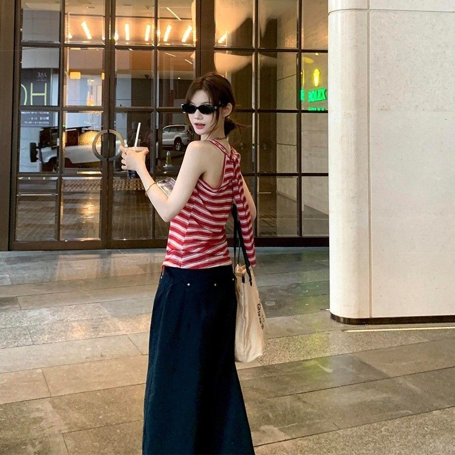 Sling Nữ Retro Sọc Đỏ Cổ Dây Gợi Cảm Mỏng Độc Đáo