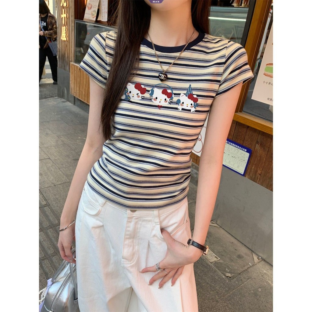 Áo thun ngắn tay Hello Kitty họa tiết sọc, kiểu Mỹ, phù hợp mùa hè