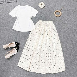 Set Bigsize nữ basic áo thun phối chân váy chấm bi dáng dài vintage bánh bèo dễ thương  SET G244+CV422