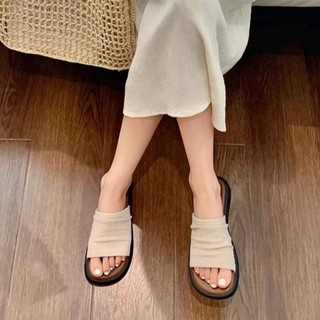 Giày Sandal Gót Chân Tròn Đế Bằng Nữ Vải Lanh Slip-On