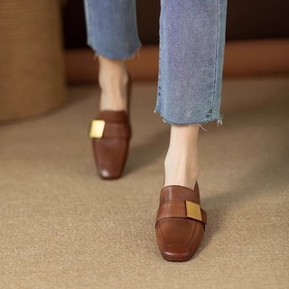 Loafers Size Lớn Nữ Mũi Vuông 2025 Loafer Nữ Retro Sang Trọng Da Mềm Thoải Mái Dày Gót Phong Cách Anh Quốc Giày Da Nhỏ