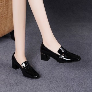 Loafers Bằng Sáng Chế Da Giữa Cao Gót Giày 2025 Phong Cách Mới Thu Đông Da Thật Dày Gót Da Nhỏ Giày Da Loafer Nữ Phong Cách Anh Slip-On