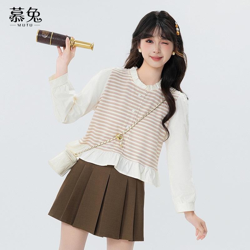 Mutu Pháp Phong Cách Chanel Sọc Cổ Tròn Nữ Mùa Hè 2026 Thiết Kế Phong Cách Mới Niche Giả Hai Mảnh Dài Tay Top