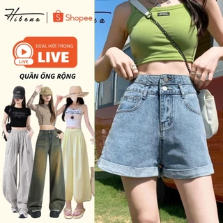 Quần Short Jeans Nữ Cạp Cao Dáng Chữ A, Quần Bò Đùi  Ngắn Hack Chân Thiết Kế 2 Bận Gấu Cúc Xanh Trắng Đen S01 Hibena
