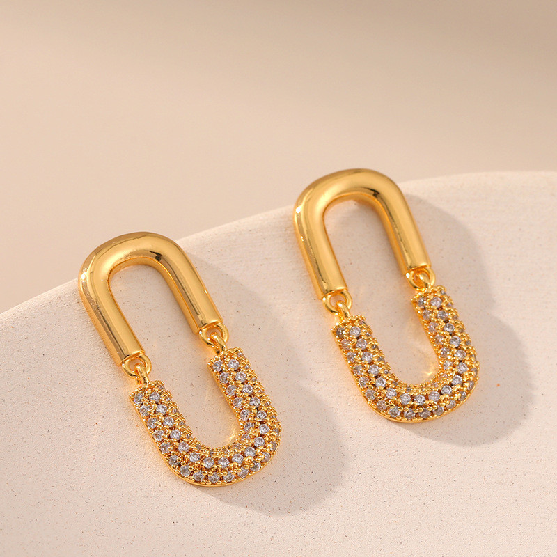 Bông tai hình chữ U mạ vàng đính đá Cubic Zirconia, trang sức tối giản hiện đại cho nữ đeo hàng ngày