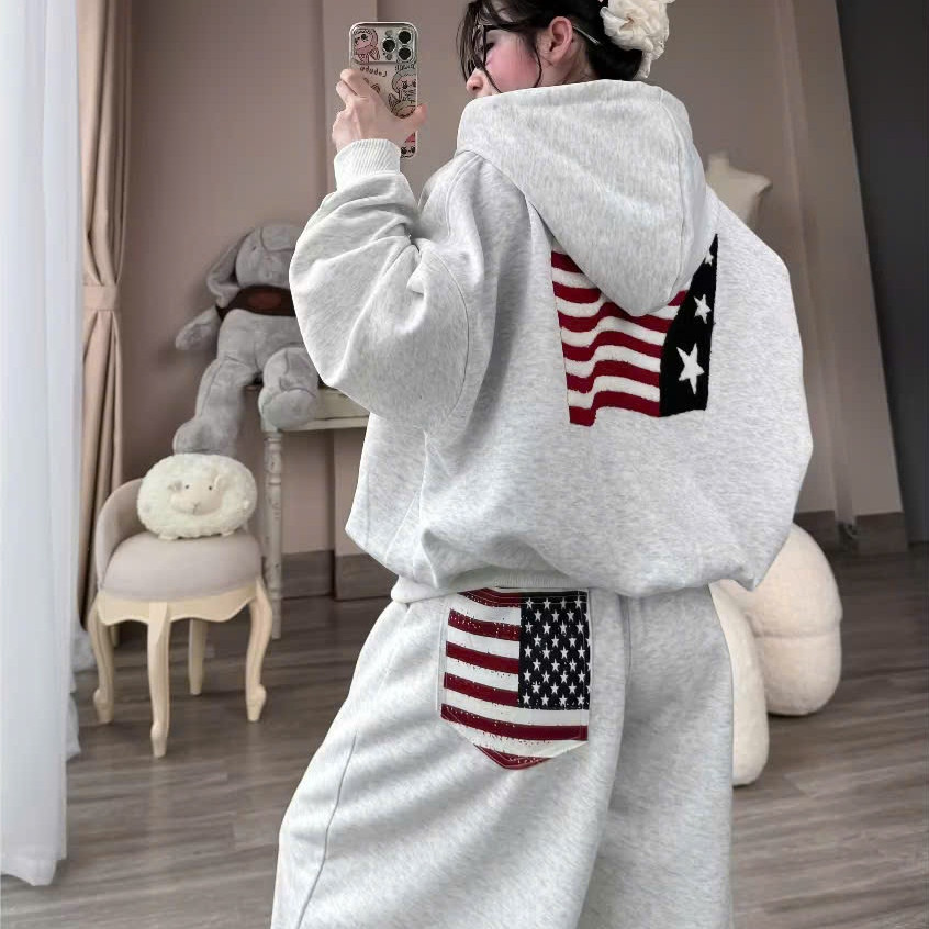 Bộ Khoác Nỉ Cờ Mỹ KCloset Set Áo Hoodie Quần Ống Suông Chất Nỉ Tàu Dày Dặn Phong Cách Thể Thao NA981