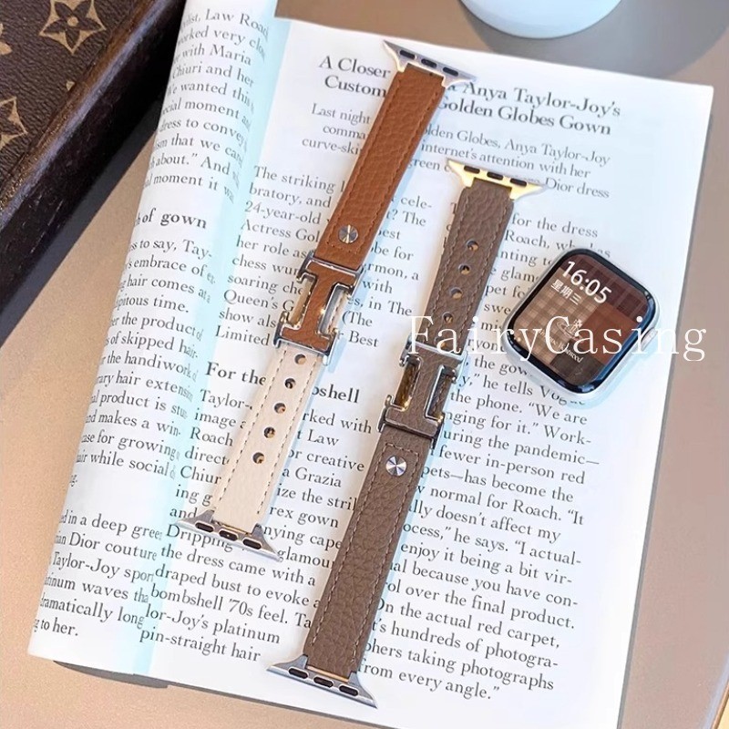 Dây da họa tiết vải thiều cho Apple Watch 42 46mm 44 45mm 41 40mm Vòng tay cho IWatch Ultra 2 49mm Series 10 9 8 7 6SE