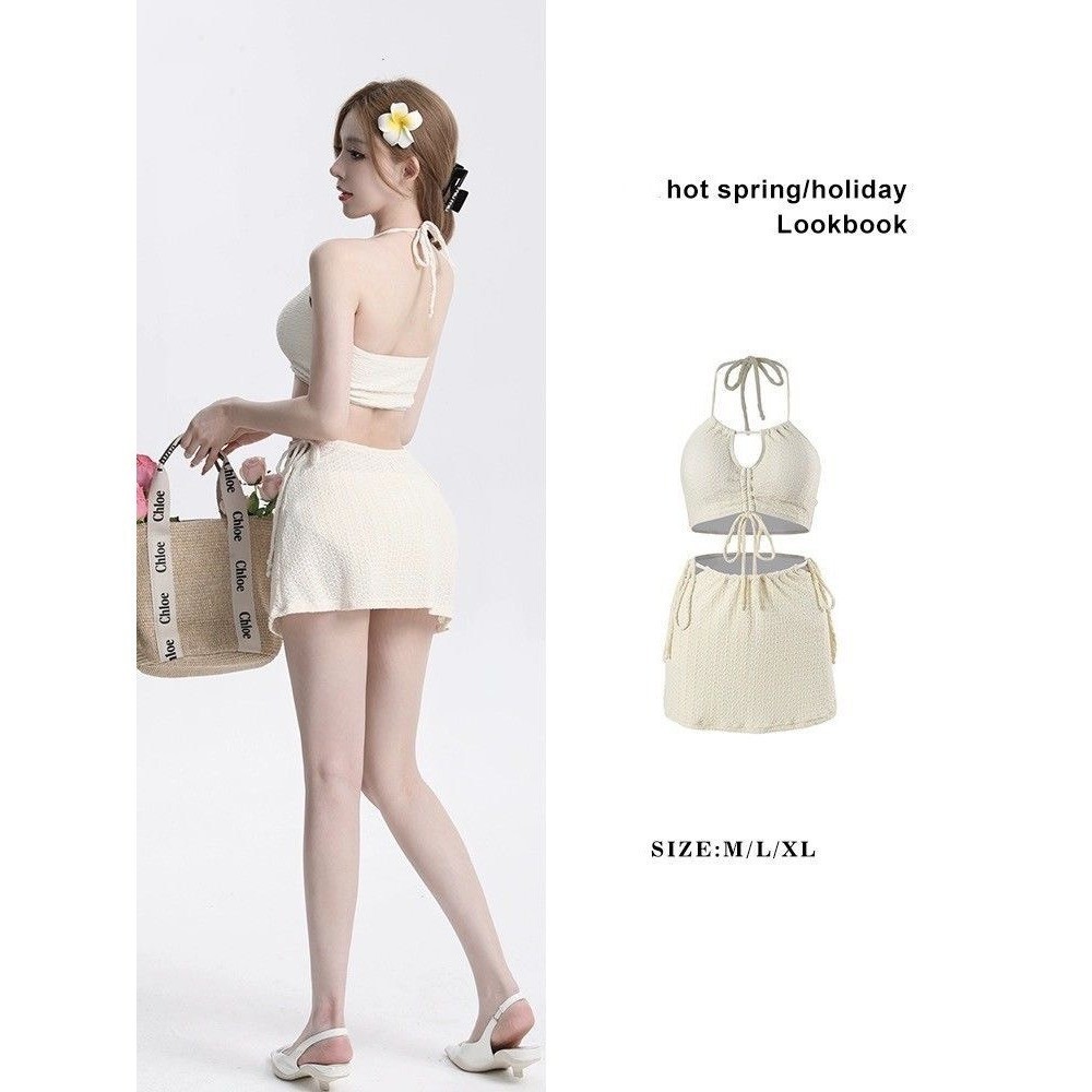 Set bộ đồ bơi bikini áo tắm 3 chi tiết có đệm ngực thiết kế buộc dây phối cổ yếm hottrend XIMIMI BKN46