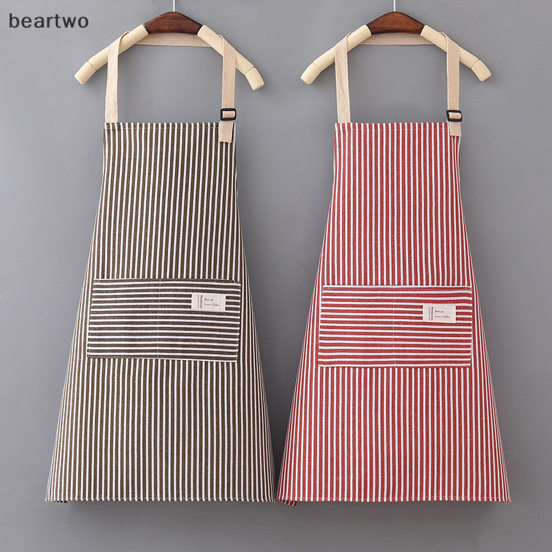 < Beartwo > Tạp dề không tay Tạp dề cổ thoáng khí Nhà hàng Vải lanh Cotton đặc biệt Vệ sinh nhà bếp Tạp dề sọc dọc đẹp