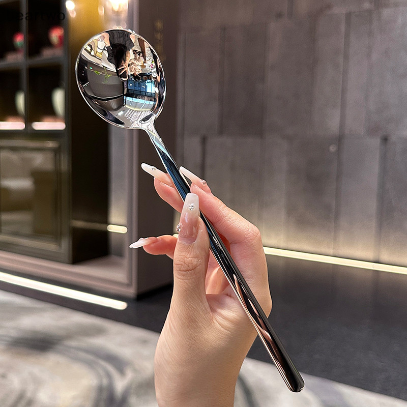 < Beartwo > Thìa Inox Tay Cầm Dài Hàn Quốc Bộ Đồ Ăn Làm Dày Khuấy Thìa Đá Thìa Bữa Ăn Thìa Ăn Tối Gia Đình Đẹp