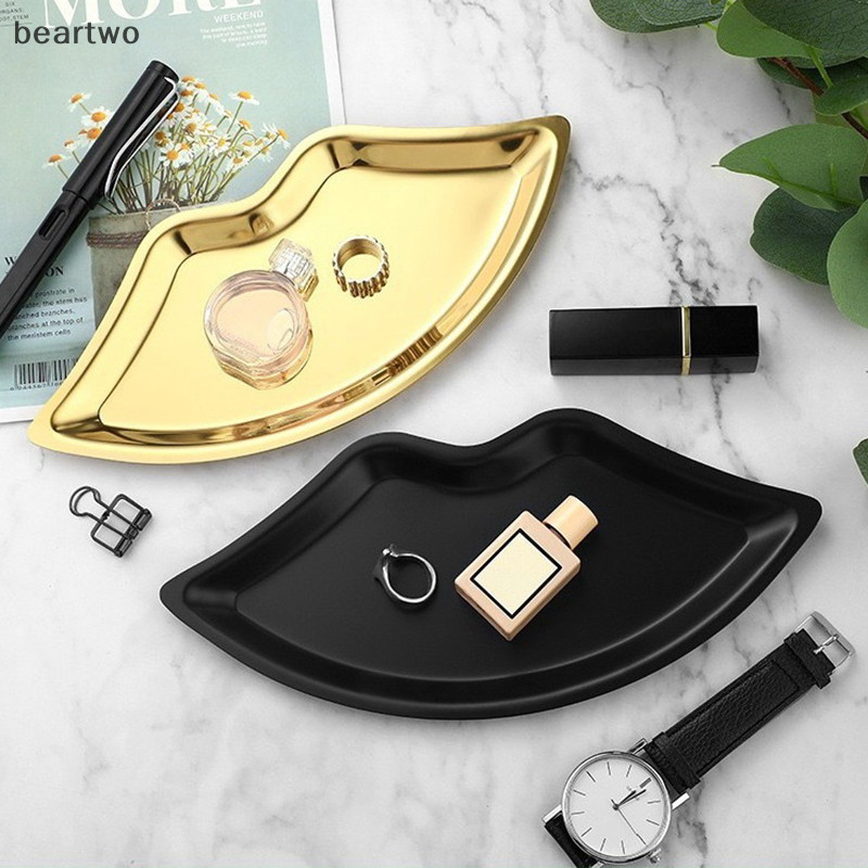 < Beartwo > Khay đựng đồ trang sức hình môi bằng thép không gỉ Mỹ phẩm gia đình Khay kim loại Nữ Khay đựng đồ trang sức Trang trí đẹp