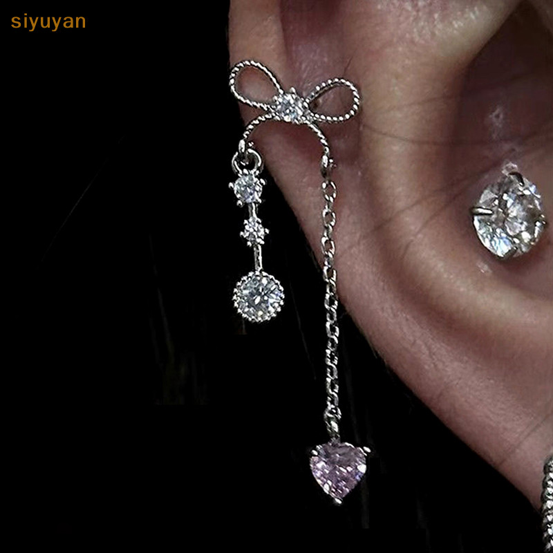 Siyuyan Ngọt Nơ Trái Tim Dài Mặt Dây Chuyền Xương Tai Móng Tay Dành Cho Nữ Bé Gái Màu Bạc sels Cochlear Móng Tay Bông Tai Phụ Kiện Trang Sức VN