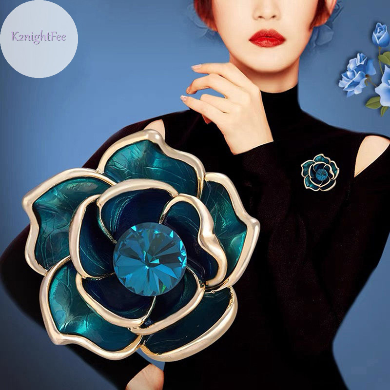 K2nightfee Xanh Kim Cương Giả Hoa Camellia Trâm Cài Cho Nữ Men Pin Thanh Lịch Ve Áo Chân VN