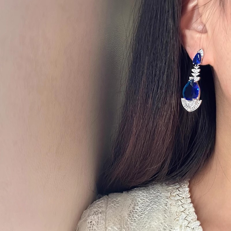 Màu Xanh Giọt Nước Sang Trọng Thời Trang Tính Khí Bông Tai s925 Bạc Kim Bông Tai Thanh Lịch