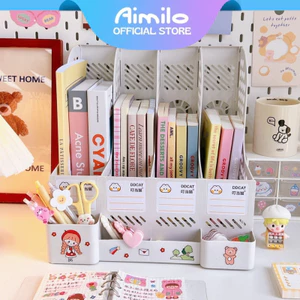 Aimilo Tặng Sticker Kệ Đựng Tài Liệu Văn Phòng 4 Ngăn Kèm Khay Đựng Bút Kệ Đựng Sách Vở Để Bàn Gấp Gọn