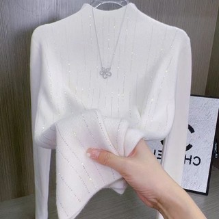 Thiết Kế Thời Trang Sense Kim Cương Đính Cổ Nửa Cổ Dệt Kim Đáy Áo Sơ Mi Nữ Thu Đông Phong Cách Mới Lớp